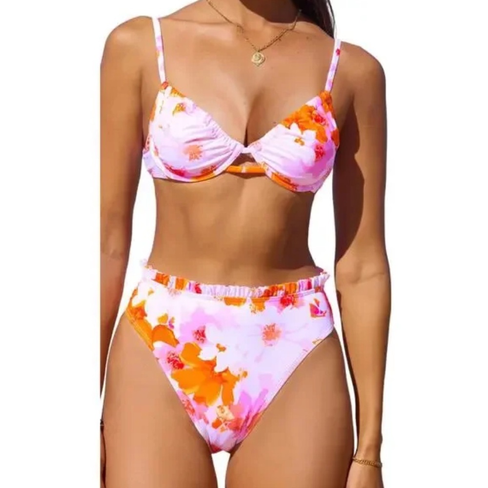 Cupshe Vibrant Floral Bikini in Pink and Orange